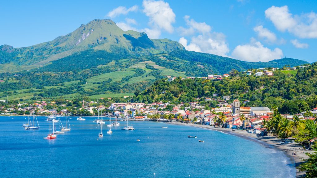 Saint Pierre Caribbean bay in Martinique beside Mount Pelée volcano