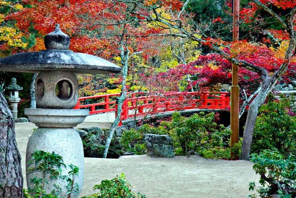 Lantern, Bridge and Autumn Colours in Miyajima Japan